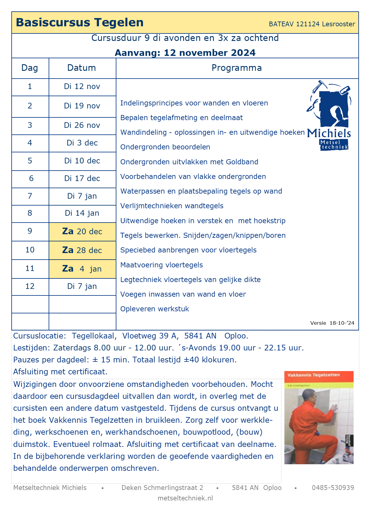 Lesrooster Basiscursus Tegelzetten najaar 2024