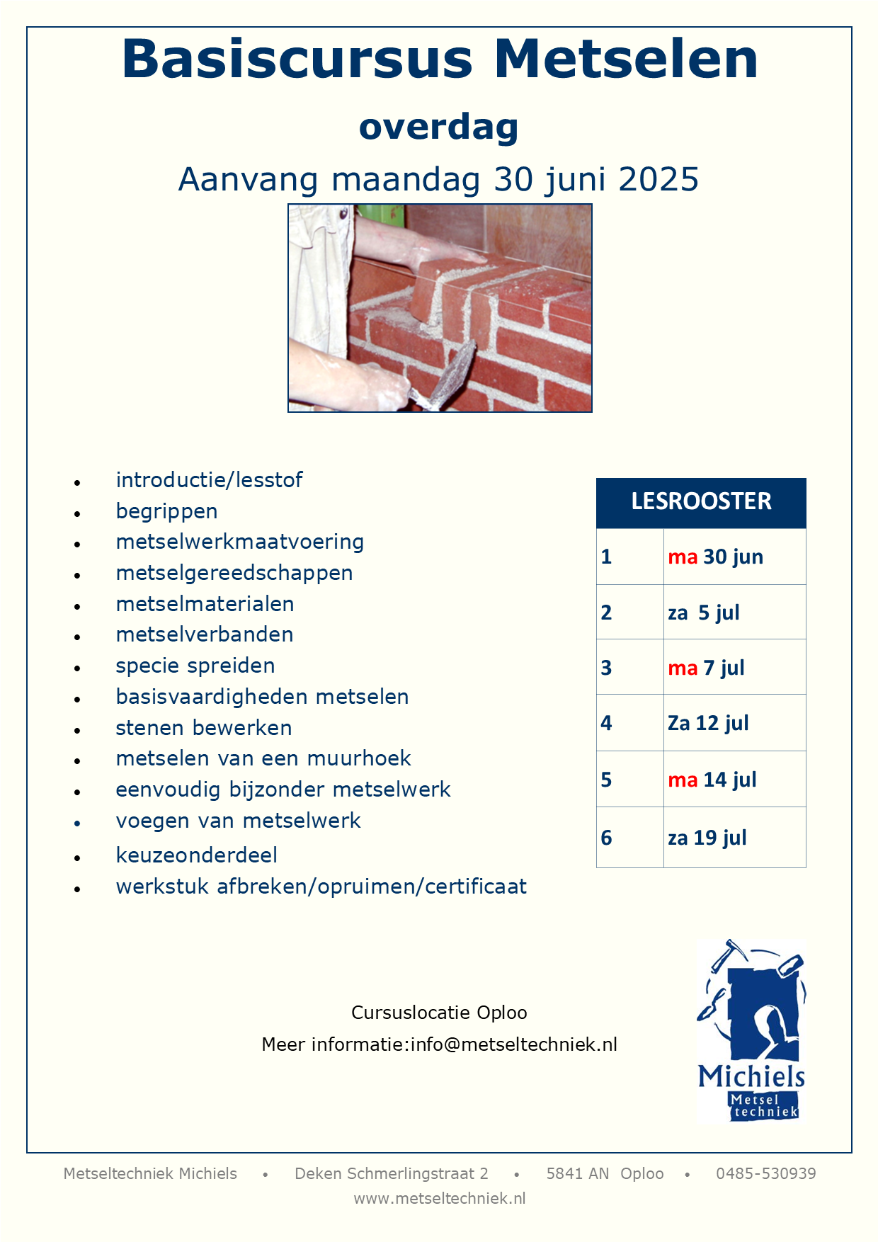 Lesrooster metselcursus 30juni 2025
