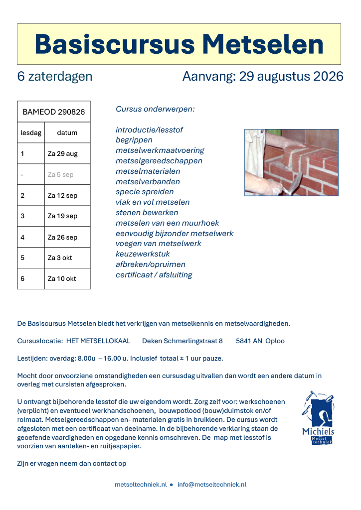 Basiscursus Metselen Aanvng 29 augustus 2026